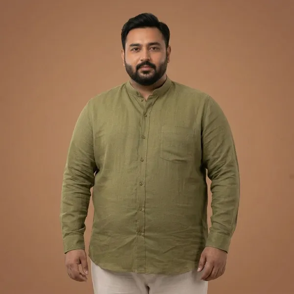 Olive_Green_Linen_Mandarin_Collar_Full_Sleeve_Plus_Size_Shirt_For_Men