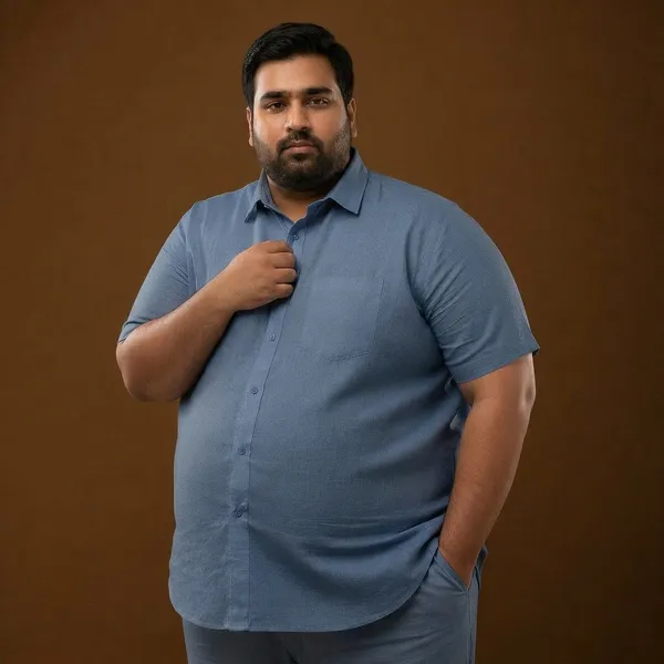 Steel_Blue_Linen_Comfort_Fit_Half_Sleeve_Plus_Size_Shirt_For_Men