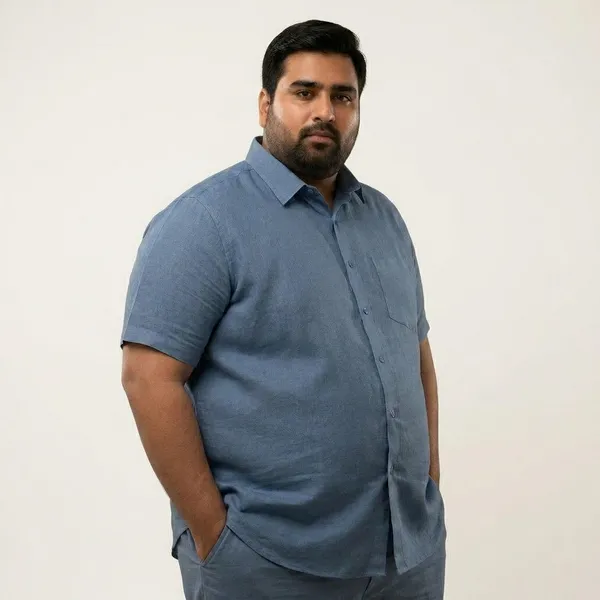 Steel_Blue_Linen_Comfort_Fit_Half_Sleeve_Plus_Size_Shirt_For_Men