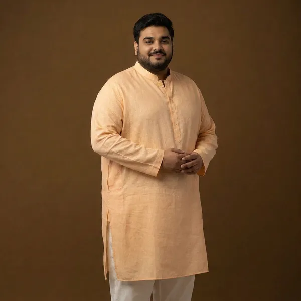 Warm_Peach_Linen_Comfort_Fit_Plus_Size_Long_Kurta_For_Men