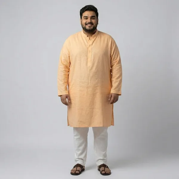 Warm_Peach_Linen_Comfort_Fit_Plus_Size_Long_Kurta_For_Men