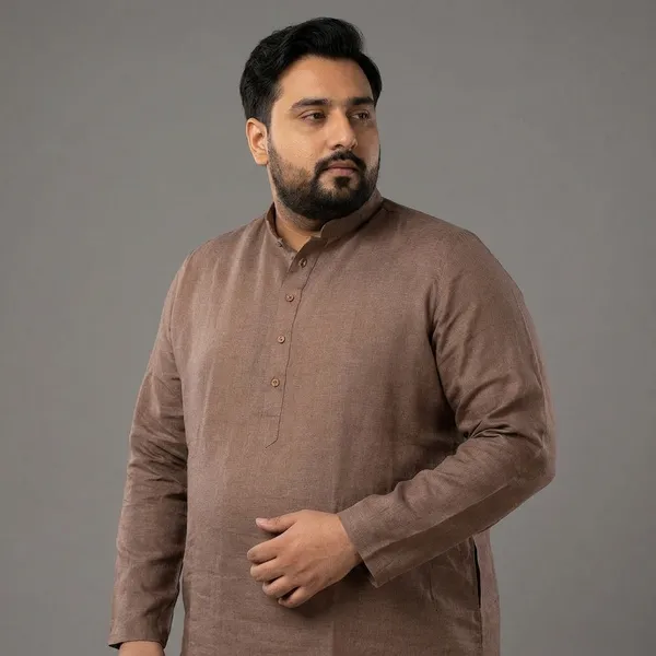 Mocha_Brown_Linen_Plus_Size_Comfort_Fit_Long_Kurta_For_Men