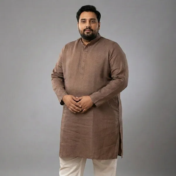 Mocha_Brown_Linen_Plus_Size_Comfort_Fit_Long_Kurta_For_Men