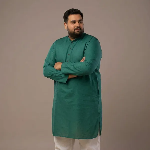 Deep_Teal_Linen_Plus_Size_Comfort_Fit_Long_Kurta_For_Men