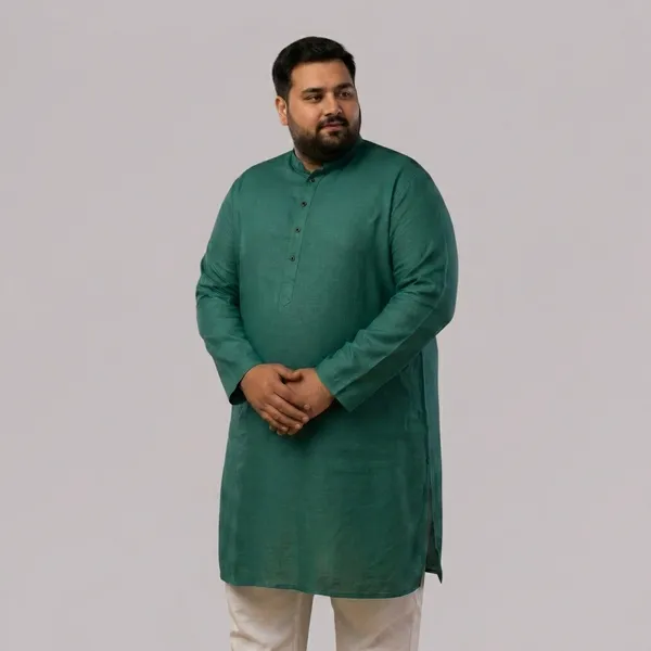 Deep_Teal_Linen_Plus_Size_Comfort_Fit_Long_Kurta_For_Men