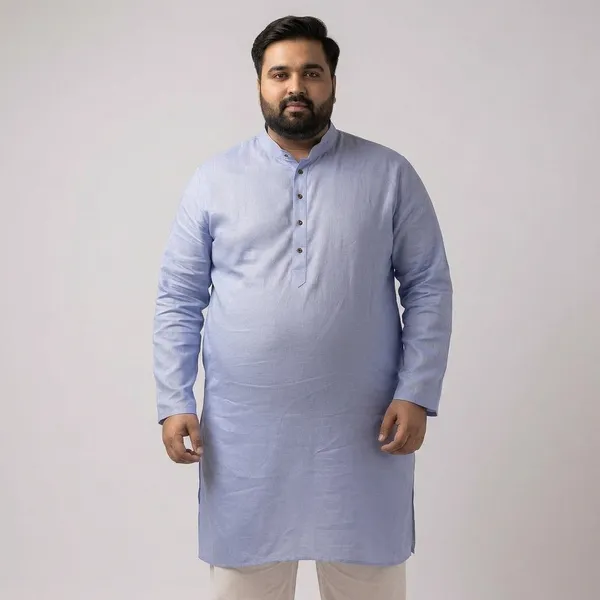 Blue_Linen_Comfort_Fit_Plus_Size_Long_Kurta_For_Men