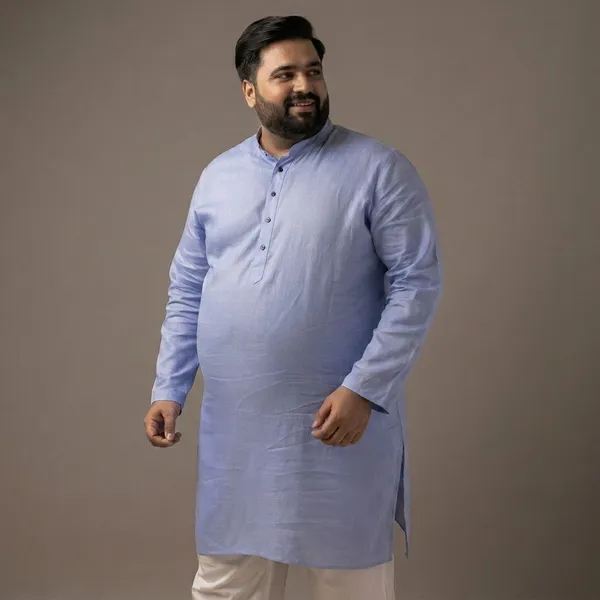 Blue_Linen_Comfort_Fit_Plus_Size_Long_Kurta_For_Men