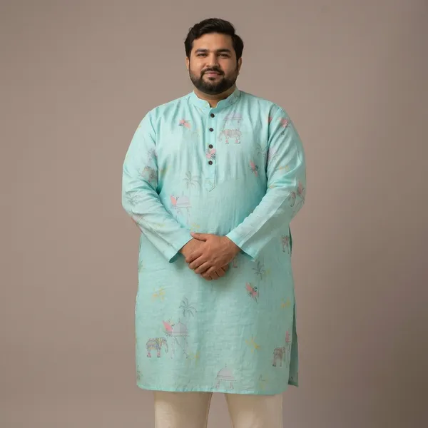 Aqua_Mint_Linen_Plus_Size_Royal_Motif_Long_Kurta_For_Men