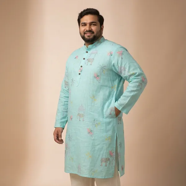 Aqua_Mint_Linen_Plus_Size_Royal_Motif_Long_Kurta_For_Men