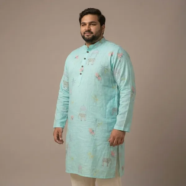 Aqua_Mint_Linen_Plus_Size_Royal_Motif_Long_Kurta_For_Men