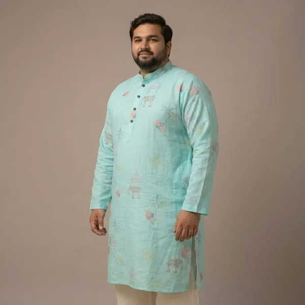 Aqua_Mint_Linen_Plus_Size_Royal_Motif_Long_Kurta_For_Men