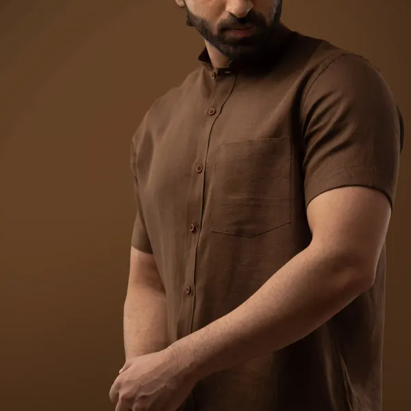 Cocoa_Brown_Linen_Mandarin_Collar_Half_Sleeve_Shirt_For_Men