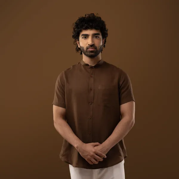 Cocoa_Brown_Linen_Mandarin_Collar_Half_Sleeve_Shirt_For_Men
