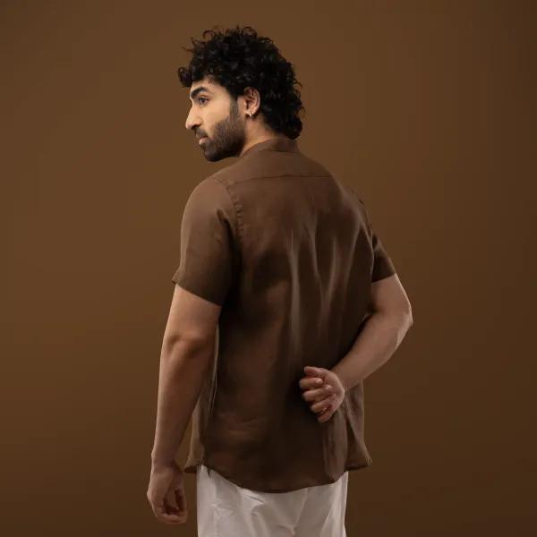 Cocoa_Brown_Linen_Mandarin_Collar_Half_Sleeve_Shirt_For_Men
