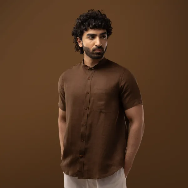 Cocoa_Brown_Linen_Mandarin_Collar_Half_Sleeve_Shirt_For_Men