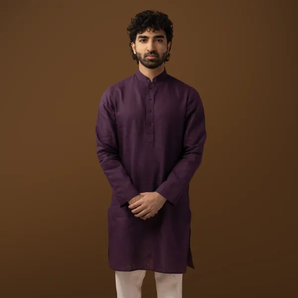 Wine_Linen_Regular_Fit_Long_Kurta_For_Men