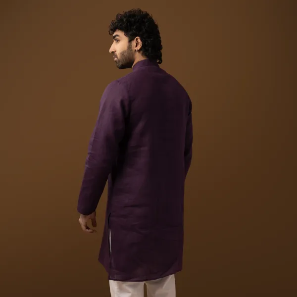 Wine_Linen_Regular_Fit_Long_Kurta_For_Men