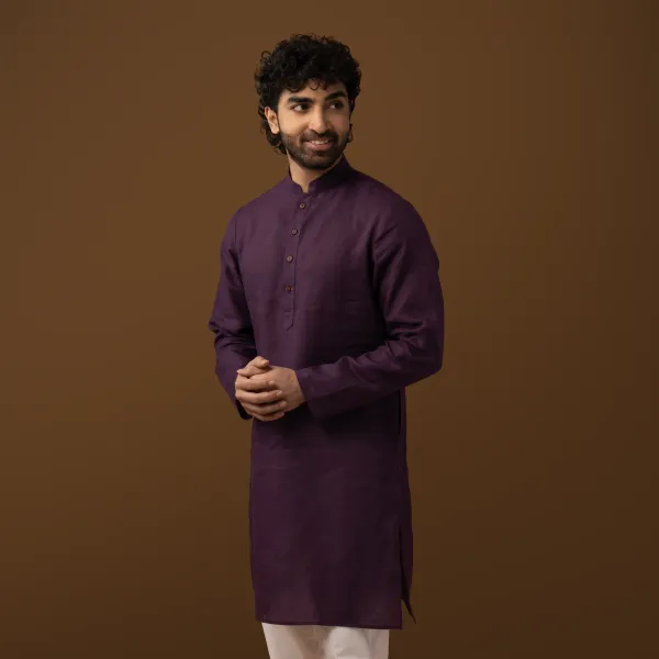 Wine_Linen_Regular_Fit_Long_Kurta_For_Men