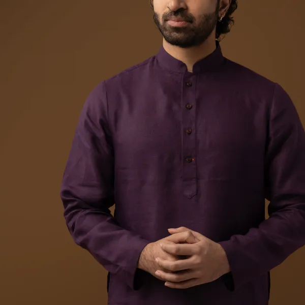 Wine_Linen_Regular_Fit_Long_Kurta_For_Men