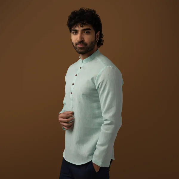 Soft_Green_Cotton_Linen_Mandarin_Collar_Short_Kurta_For_Men