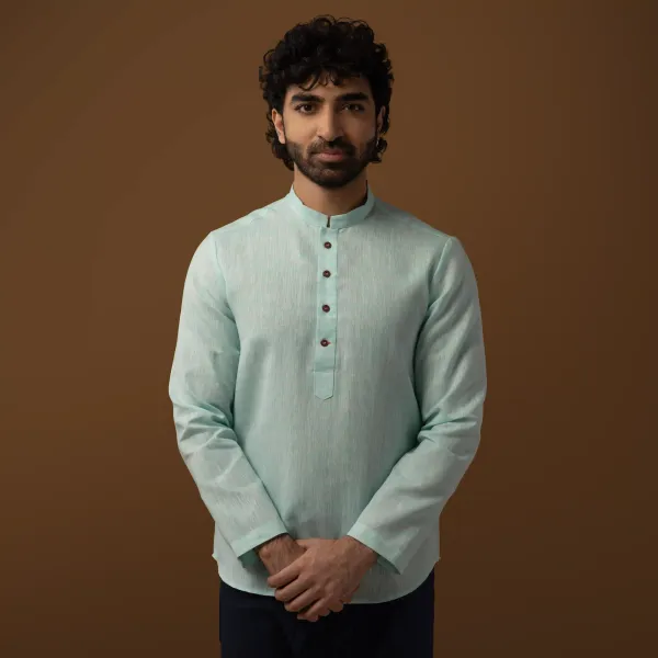 Soft_Green_Cotton_Linen_Mandarin_Collar_Short_Kurta_For_Men