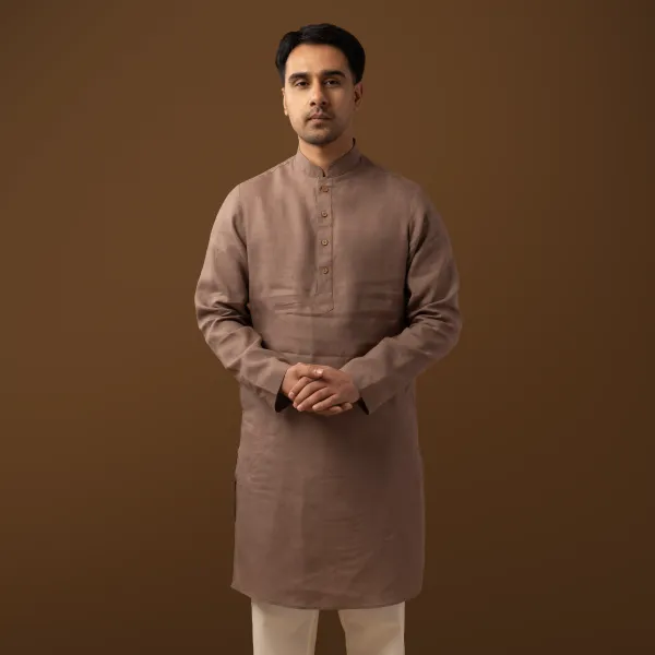 Mocha_Brown_Linen_Regular_Fit_Long_Kurta_For_Men
