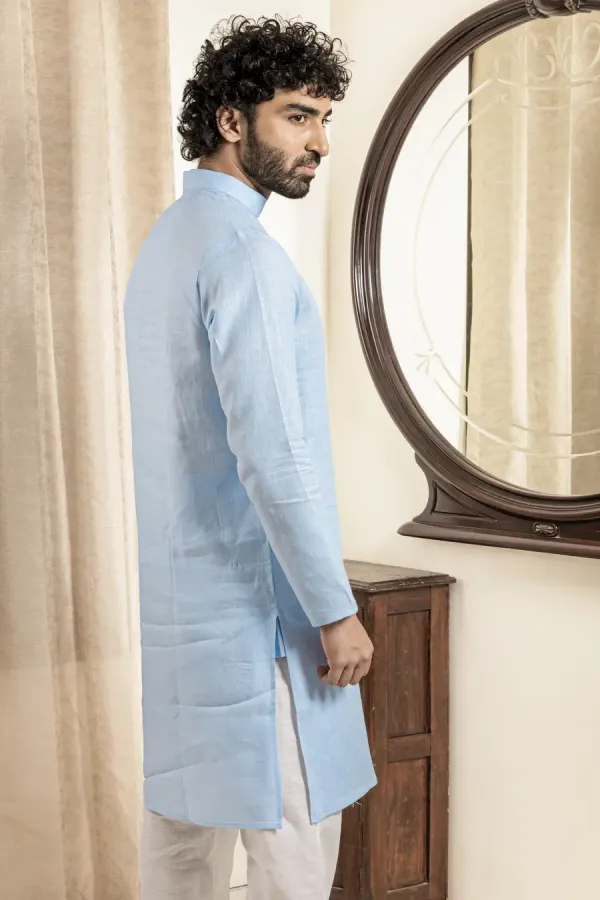 Sky_Blue_Linen_Mandarin_Collar_Regular_Fit_Long_Kurta_For_Men