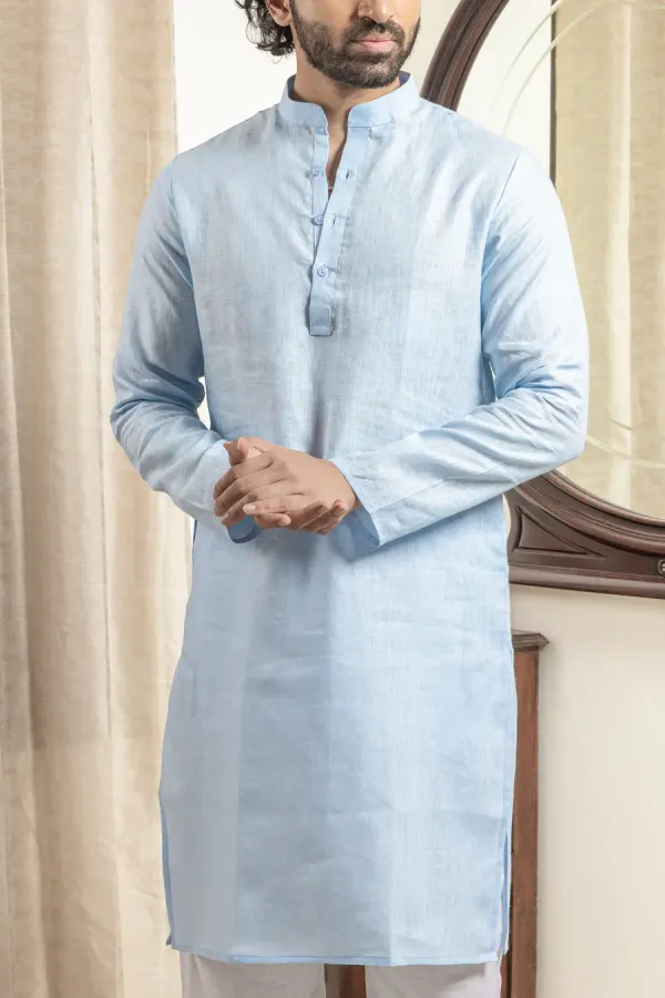Sky_Blue_Linen_Mandarin_Collar_Regular_Fit_Long_Kurta_For_Men