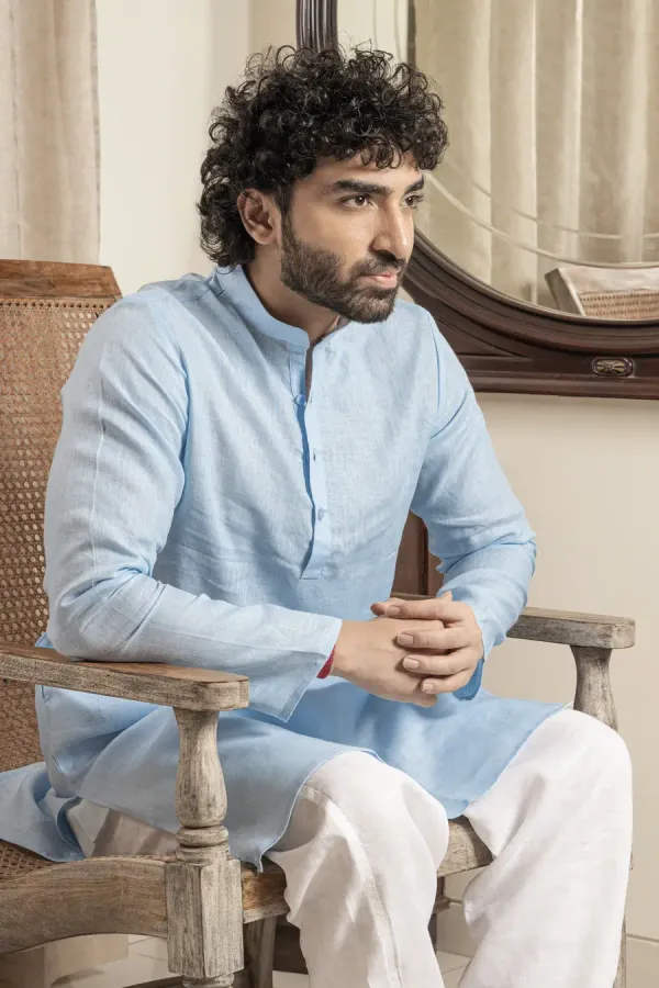 Sky_Blue_Linen_Mandarin_Collar_Regular_Fit_Long_Kurta_For_Men