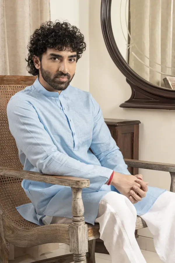 Sky_Blue_Linen_Mandarin_Collar_Regular_Fit_Long_Kurta_For_Men
