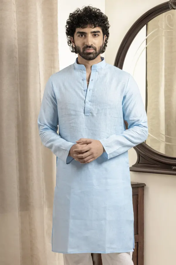 Sky_Blue_Linen_Mandarin_Collar_Regular_Fit_Long_Kurta_For_Men