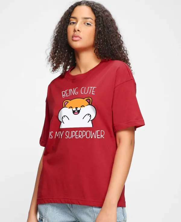Cherry_Red_Cotton_Oversized_Being_Cute_Graphic_T-Shirt_For_Unisex