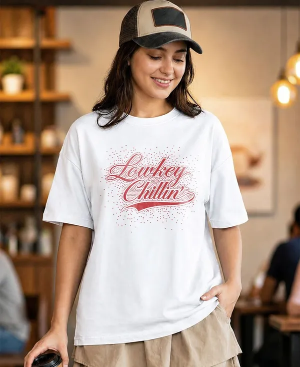 White_Cotton_Oversized_Lowkey_Chillin_Rhinestone_T-Shirt_For_Unisex