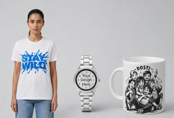 Ceramic_Friendship_Dosti_Illustrated_Coffee_Mug_&_Steel_Watch_&_Cotton_Regular_Fit_Splash_Graphic_T-Shirt_For_Unisex_Pack_Of_3