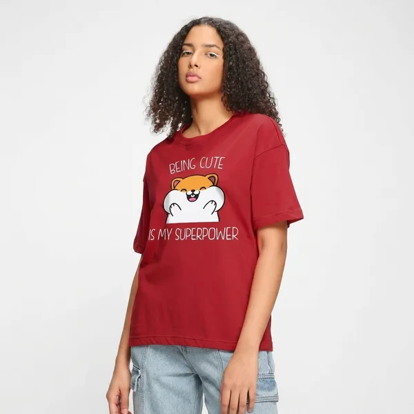 Cherry_Red_Cotton_Oversized_Being_Cute_Graphic_T-Shirt_For_Unisex
