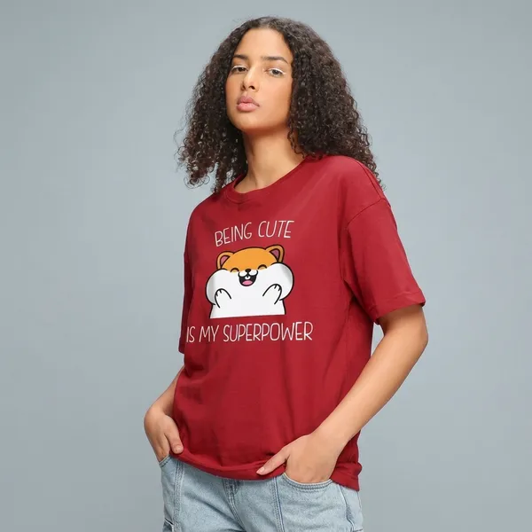 Cherry_Red_Cotton_Oversized_Being_Cute_Graphic_T-Shirt_For_Unisex