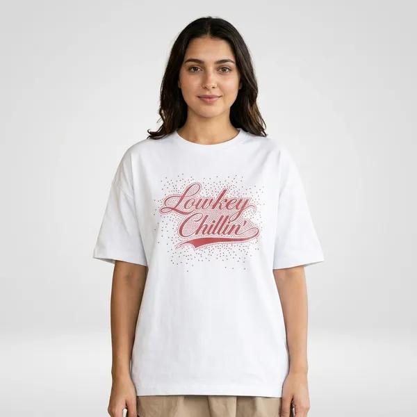 White_Cotton_Oversized_Lowkey_Chillin_Rhinestone_T-Shirt_For_Unisex