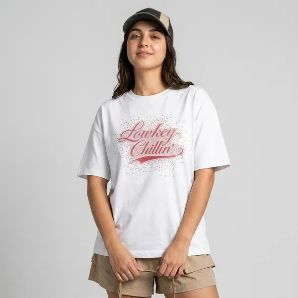 White_Cotton_Oversized_Lowkey_Chillin_Rhinestone_T-Shirt_For_Unisex