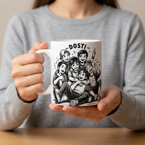 Ceramic_Friendship_Dosti_Illustrated_Coffee_Mug_&_Steel_Watch_&_Cotton_Regular_Fit_Splash_Graphic_T-Shirt_For_Unisex_Pack_Of_3