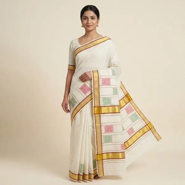 Kerala_Kasavu_Saree_With_Golden_Zari_Border_&_Embrodary_