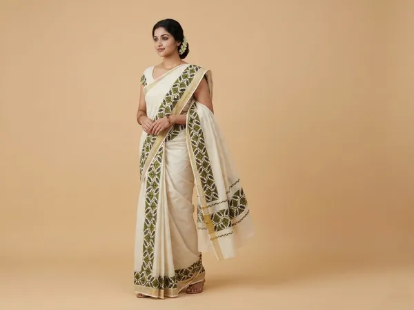 Cotton_Single_Kasavu_Set_Mundu_(Mundu_Neriyathum)_With_Green_Leaf_Border_2.80_Mtrs