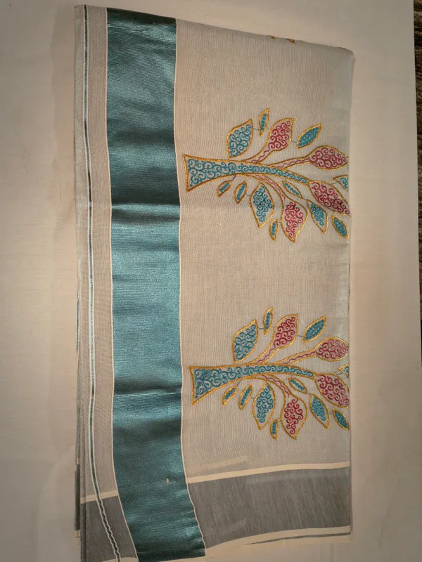 Kerala_Kasavu_Saree_With_Teal_Border_-_Off_White_Tissue_Embroidered_