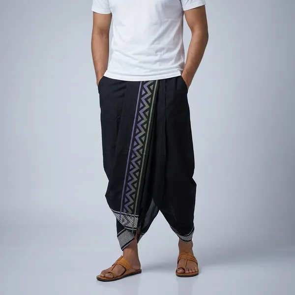 Men'S_Black_Cotton_Dhoti_With_Geometric_Border_Print