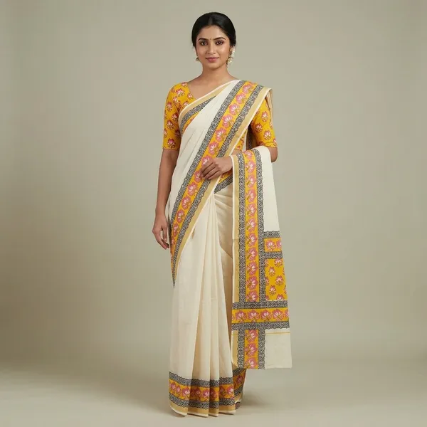 Kerala_Cotton_Single_Set_Mundu_(Mundum_Neriyathum)_with_Floral_Border_Print_Blouse
