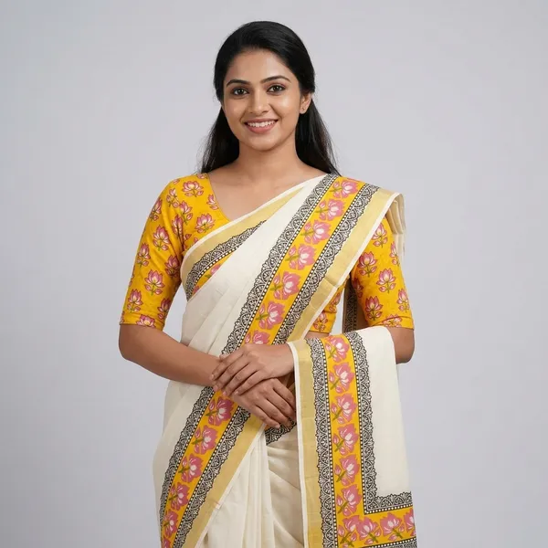 Kerala_Cotton_Single_Set_Mundu_(Mundum_Neriyathum)_with_Floral_Border_Print_Blouse