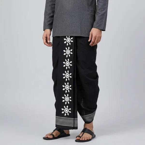 Men'S_Black_Cotton_Dhoti_With_Geometric_Border_Print