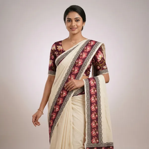 Cotton_Single_Set_Mundu_(Mundum_Neriyathum)_with_Block_Prints_for_Women_With_Blouse