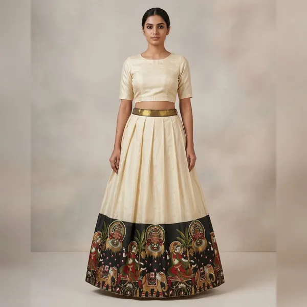 Cream_Silk_Kathakali_Print_Pleated_Dhavani_Set_With_Unstiched_Blouse_For_Women