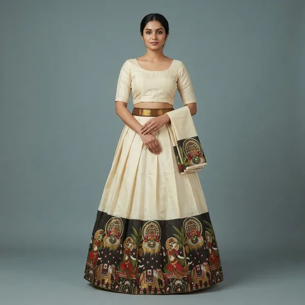 Cream_Silk_Kathakali_Print_Pleated_Dhavani_Set_With_Unstiched_Blouse_For_Women