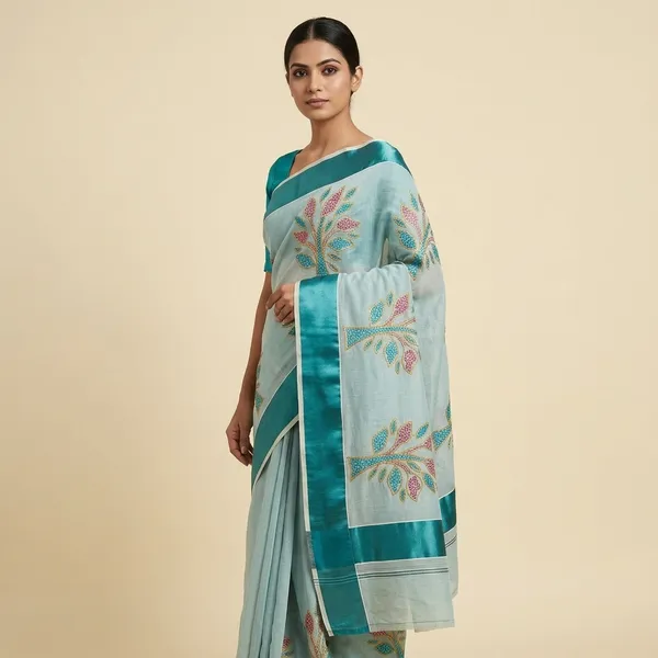 Kerala_Kasavu_Saree_With_Teal_Border_-_Off_White_Tissue_Embroidered_